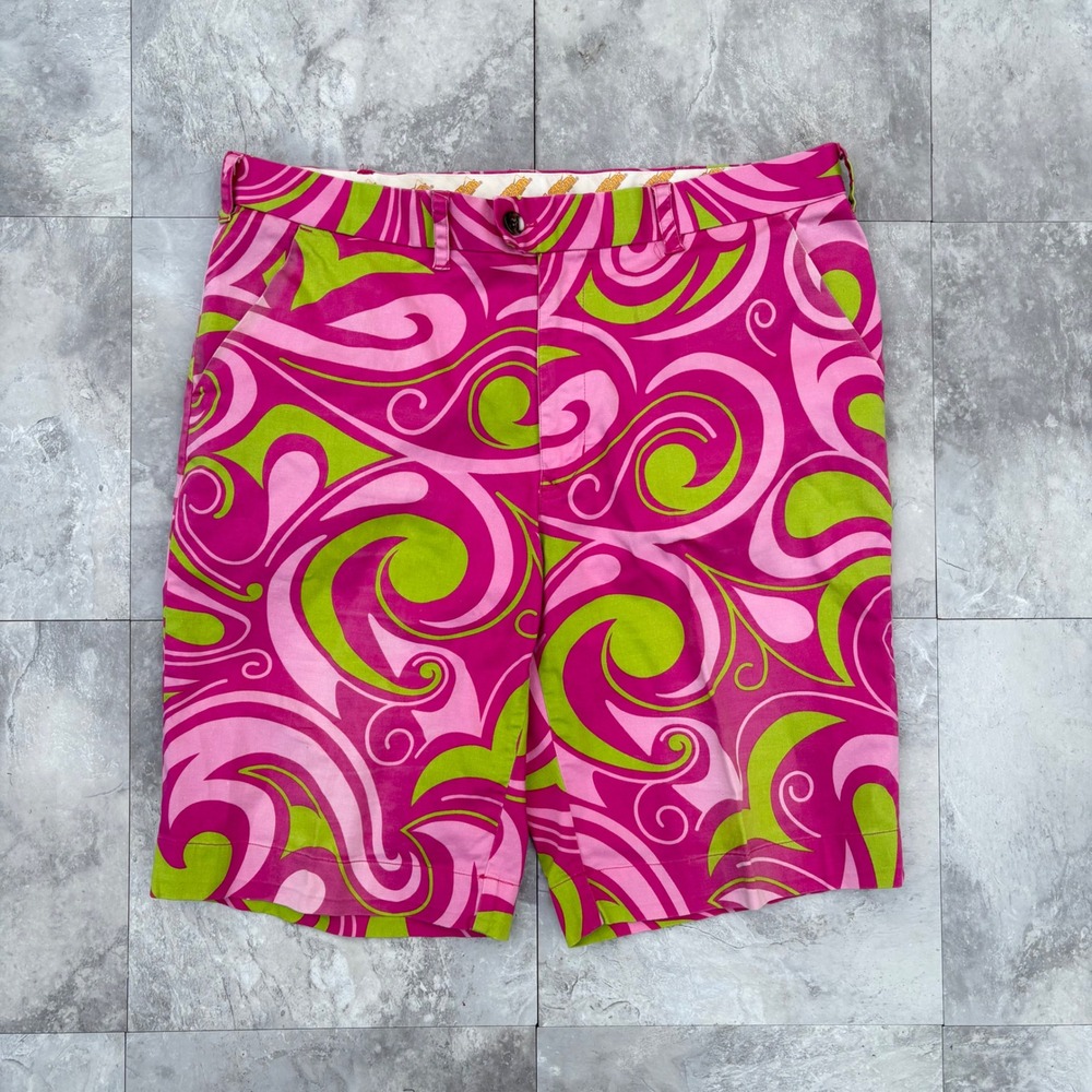 Loudmouth Golf Mens Pink Lime Green Psychedelic Swirl Shorts Size 36 18x10
